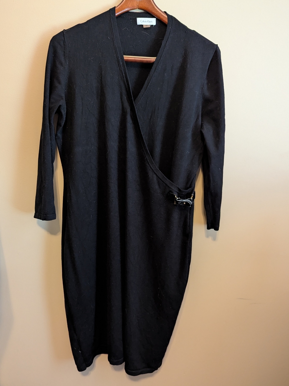 Calvin Klein Black Long-Sleeve Wrap Dress with Buckle Detail